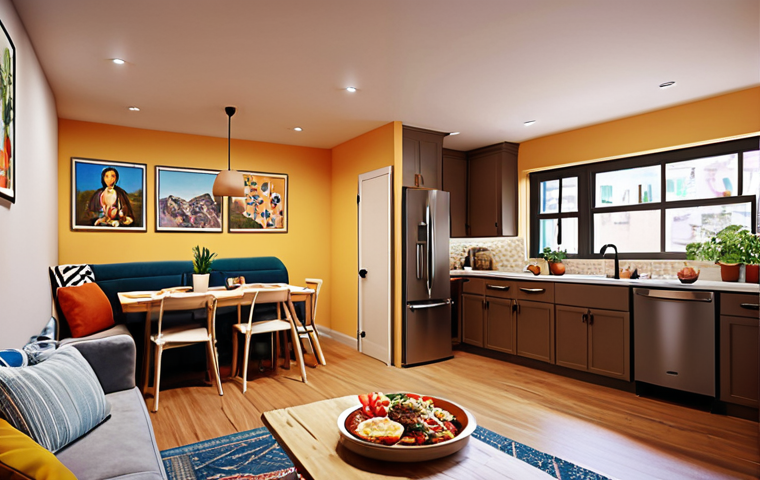 **

"Co-living space interior. A cozy private room with personal touches like artwork and soft lighting, contrasting with a vibrant communal kitchen where residents are cooking and socializing. This should visually represent the balance between private space and shared community."

**