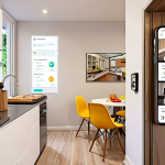 **Prompt:** Interior of a modern co-living space, showcasing a smart reservation system interface on a wall-mounted tablet for booking the communal kitchen, bright and inviting atmosphere.