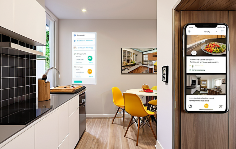 **Prompt:** Interior of a modern co-living space, showcasing a smart reservation system interface on a wall-mounted tablet for booking the communal kitchen, bright and inviting atmosphere.