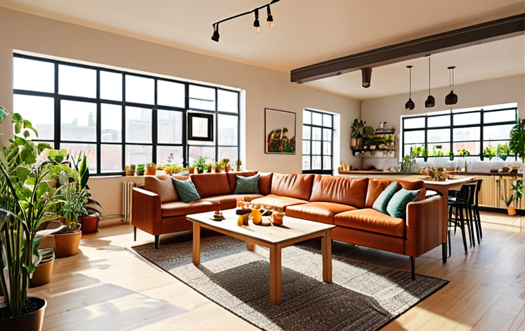 **
A brightly lit, modern co-living space featuring a spacious lounge with comfortable seating, a large communal kitchen with people cooking together, and a rooftop garden overflowing with plants and vegetables. The overall atmosphere is warm and inviting, emphasizing community and connection. Natural light floods the space through large windows.
**