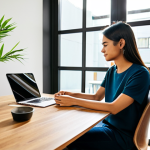 A focused young adult professional, ethnically ambiguous, is comfortably seated at a sleek wooden desk in a private room within a modern co-living space. The room is brightly lit by natural light streaming through a large window, revealing a small, cozy reading nook with a bookshelf and neatly organized personal items. Lush indoor plants add a touch of nature, emphasizing a calm and personalized sanctuary. The overall design features thoughtful storage solutions and clean lines. In the soft-focus background, a glimpse of a well-maintained, communal lounge area suggests shared amenities without showing any direct interaction. The subject is fully clothed in professional-casual attire, ensuring appropriate content. Perfect anatomy, correct proportions, natural pose, well-formed hands, proper finger count, natural body proportions, safe for work, professional, high-quality photography, sharp focus, vibrant colors, detailed textures.